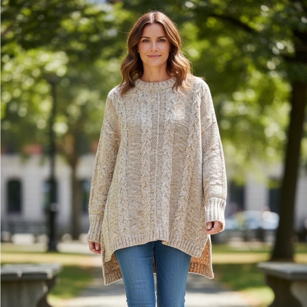 LOFT Cable-Knit Crewneck Sweater in Beige